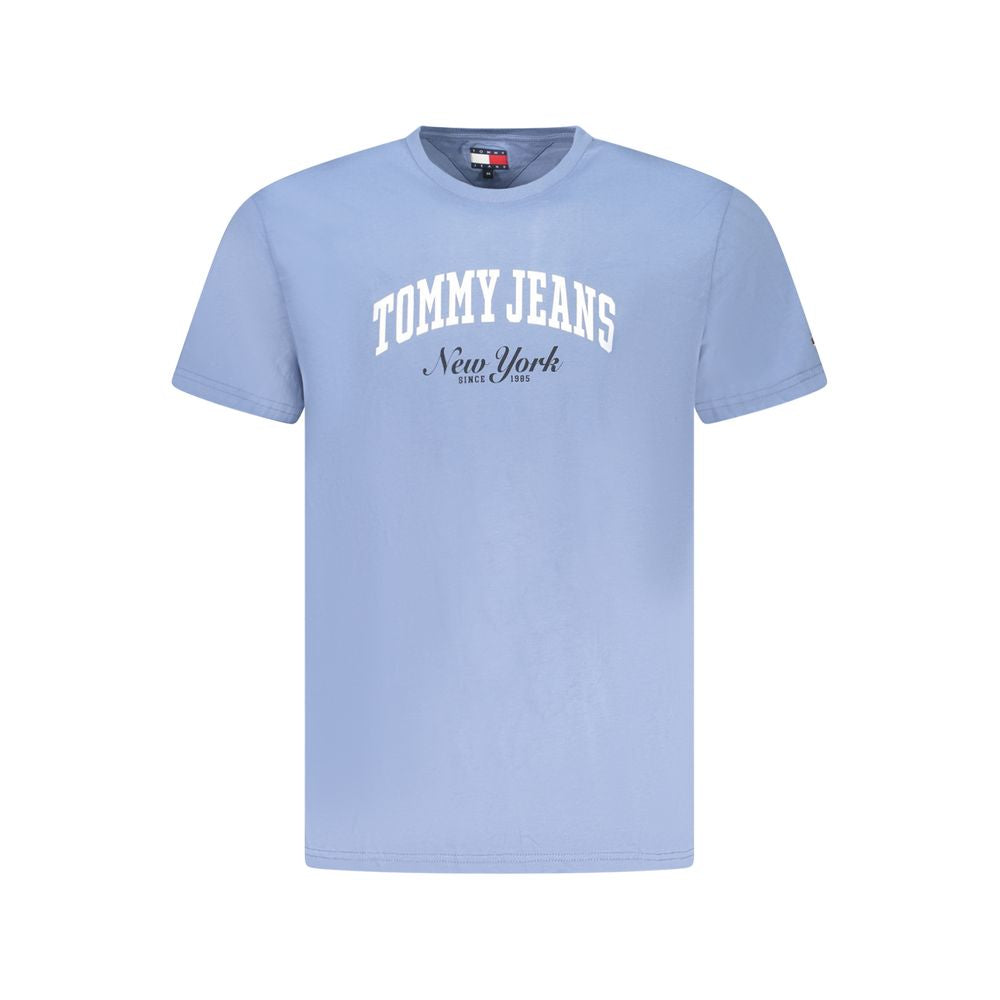 Tommy Hilfiger Blue Cotton Men T-Shirt with logo, crew neck, short sleeves, eco-friendly, casual wear.