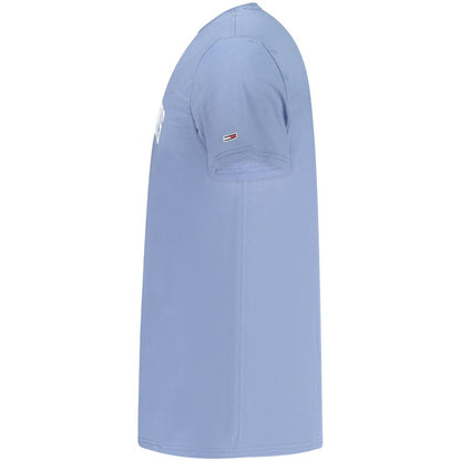 Side view of Tommy Hilfiger Blue Cotton Men T-Shirt with logo on sleeve in light blue.