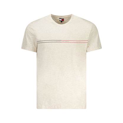 Tommy Hilfiger Beige Cotton Men T-Shirt with logo print and crew neck design, featuring sustainable fabric for modern style.