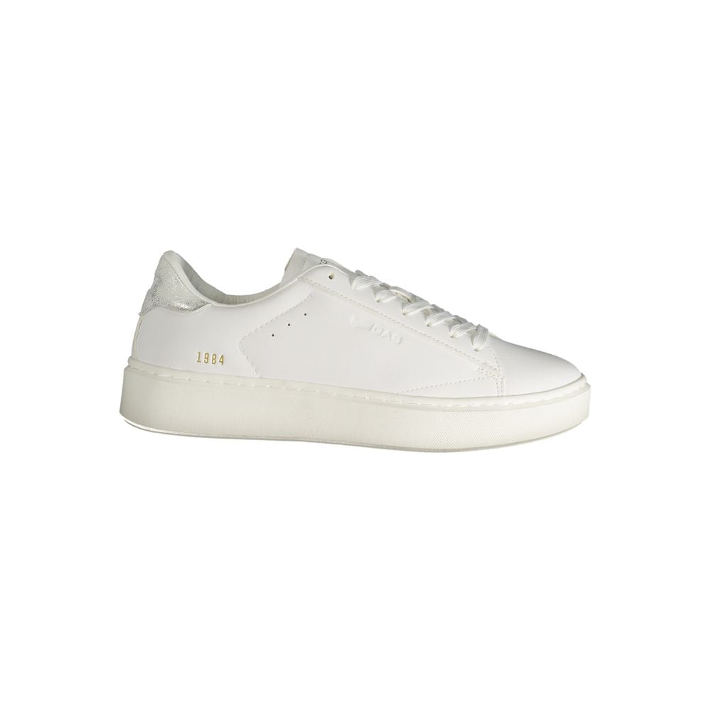 Gas White Polyester Women Sneaker with silver details and logo, featuring Leonard LTX's bold design and athletic functionality.