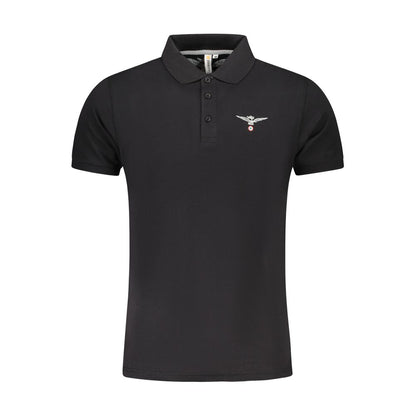 Accademia Militare Black Cotton Polo Shirt with short sleeves and eagle logo, featuring 3 buttons and a printed design.