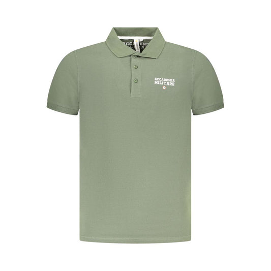 Accademia Militare Green Cotton Polo Shirt with short sleeves, 3 buttons, print, and logo design on a green background.