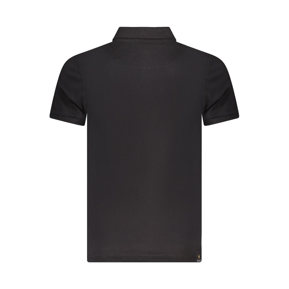 Back view of Accademia Militare Black Cotton Polo Shirt with short sleeves, three buttons, eagle ball print, and logo design.