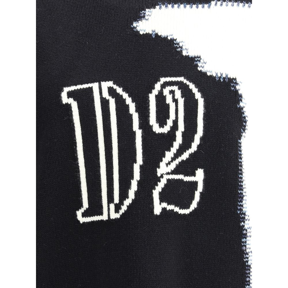 Close-up of Dsquared² Black Wool Sweatshirt logo detail with fine knit weave.
