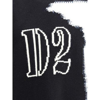 Close-up of Dsquared² Black Wool Sweatshirt logo detail with fine knit weave.