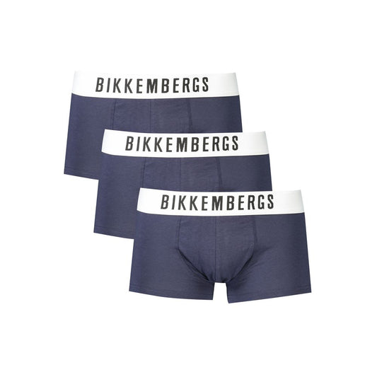 Bikkembergs Blue Cotton Underwear tri-pack boxers with elastic waistband and logo print, displaying elegance.