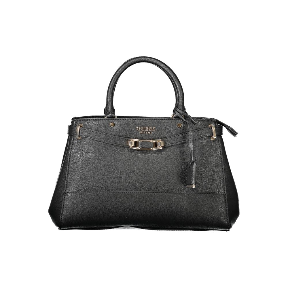Guess Jeans Black Polyethylene Handbag with 2 handles and adjustable strap, featuring multiple pockets, logo, and protective feet.