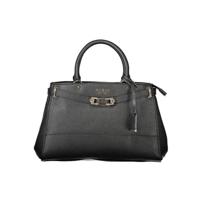 Guess Jeans Black Polyethylene Handbag with 2 handles and adjustable strap, featuring multiple pockets, logo, and protective feet.