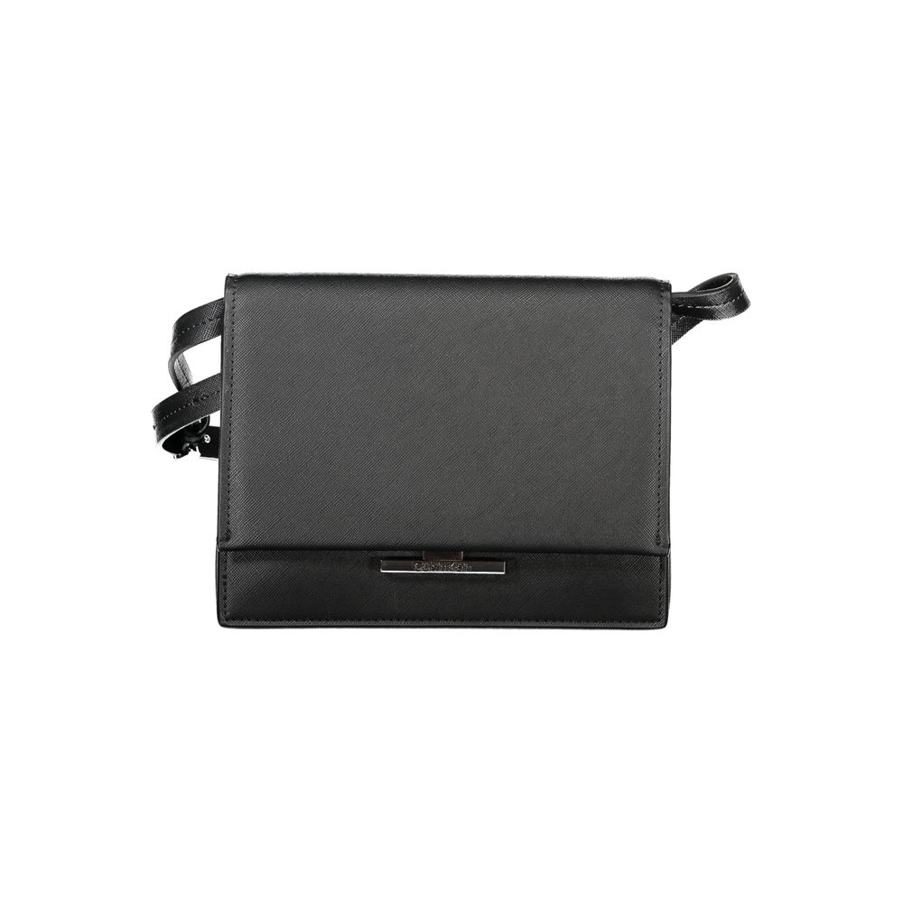 Calvin Klein Black Polyethylene Handbag with adjustable strap, three compartments, and logo snap closure.