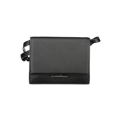 Calvin Klein Black Polyethylene Handbag with adjustable strap, three compartments, and logo snap closure.