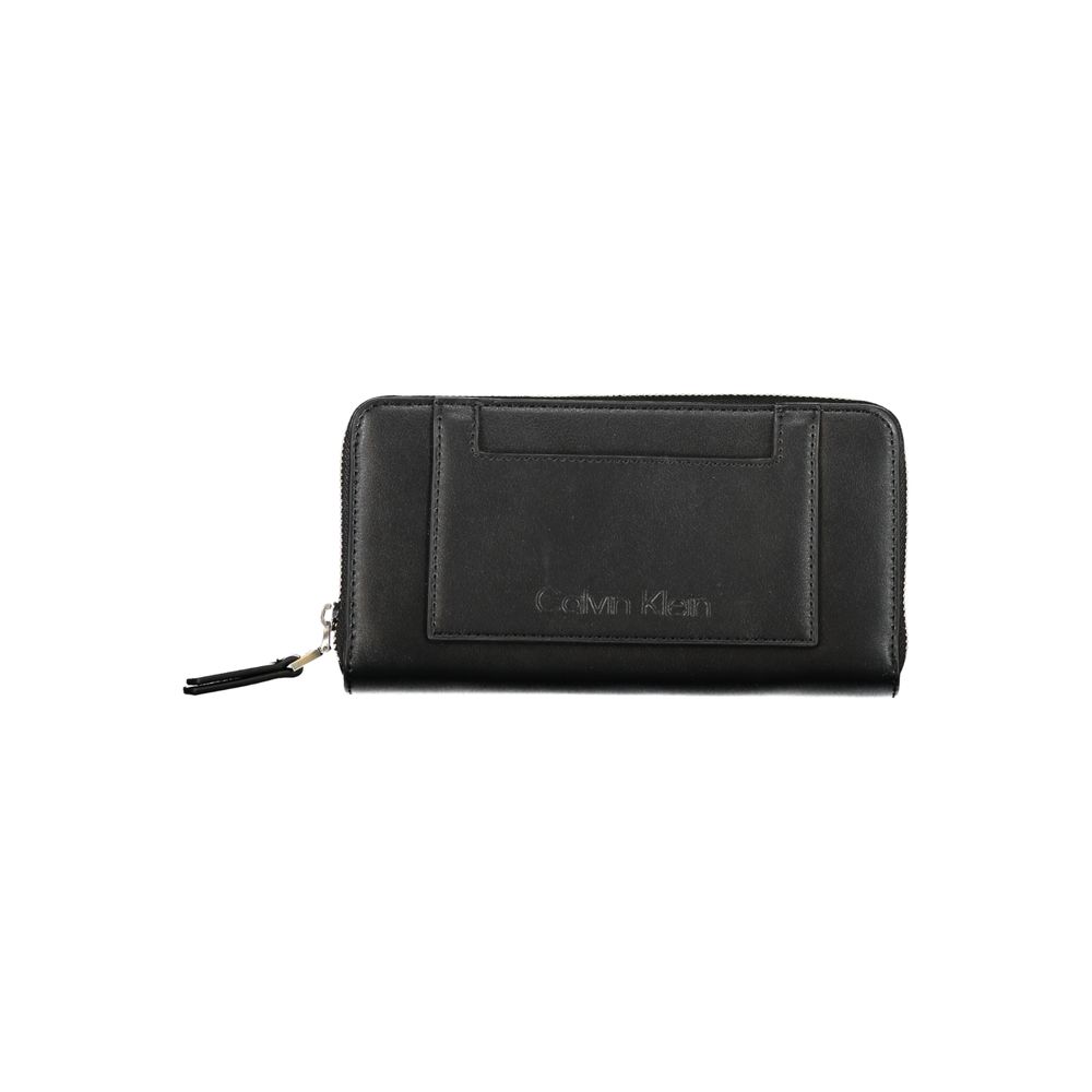 Calvin Klein Black Polyester Wallet with zip closure, 5 compartments, coin purse, card spaces, external pocket, and logo