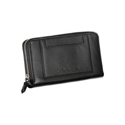 Calvin Klein Black Polyester Wallet with zip closure, 5 compartments, coin purse, card slots, external pocket, and contrasting details.