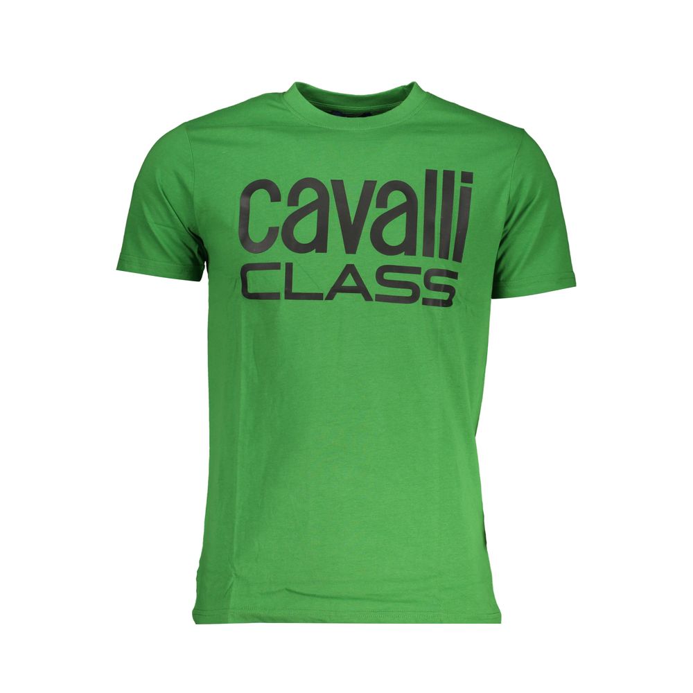 Cavalli Class Green Cotton T-Shirt with short sleeves, crew neck, featuring printed logo design.