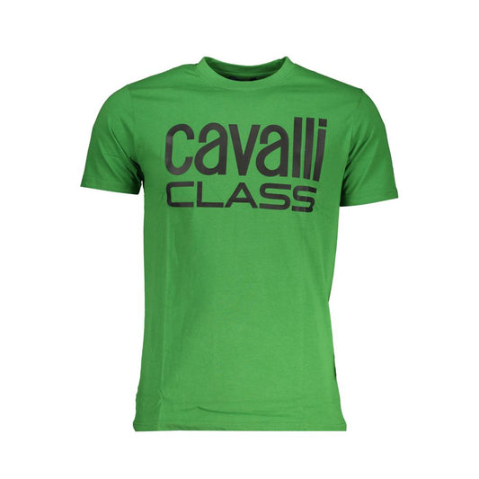 Cavalli Class Green Cotton T-Shirt with crew neck and logo print on front, short-sleeved designer apparel.