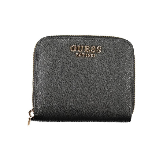 Guess Jeans Black Polyethylene Wallet with zip closure, coin purse, and card spaces, featuring logo on front.