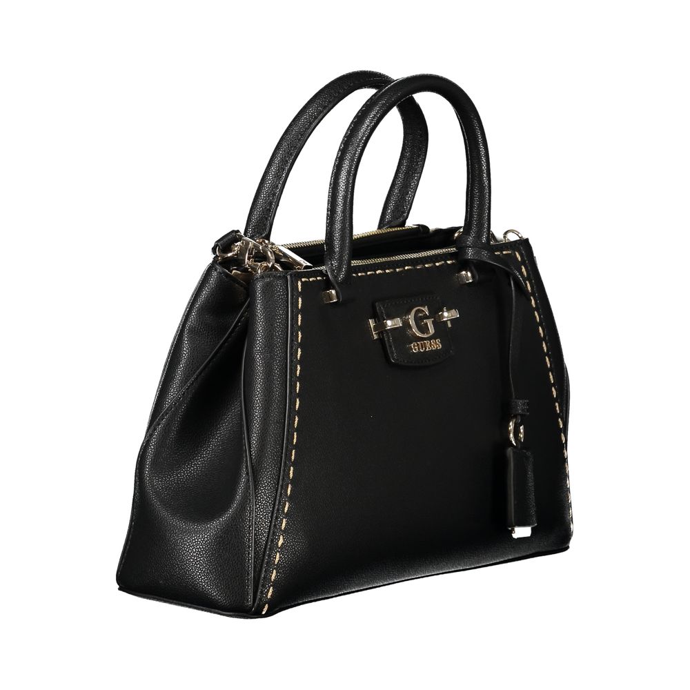 Guess Jeans Black Polyethylene Handbag with ribbon design, adjustable strap, logo, and protective feet.
