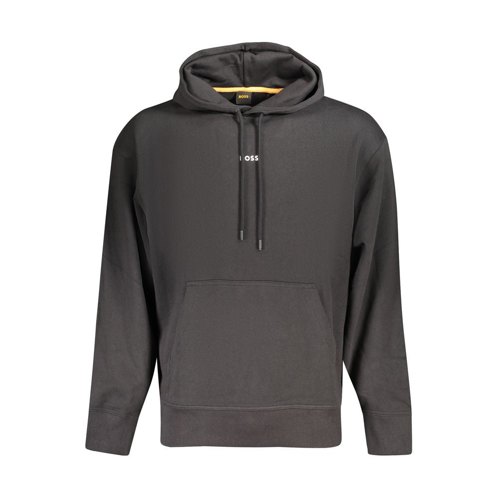 Hugo Boss Black Cotton Men Sweater, long-sleeved hoodie with central pocket for casual luxury, front view