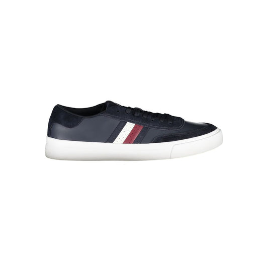 Tommy Hilfiger Blue Polyester Sneaker with contrast details and logo, sports footwear with laces, side view.