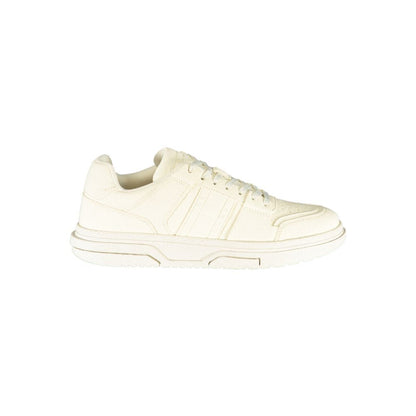 Tommy Hilfiger White Polyester Sneaker with laces, contrast details, and logo in side view.