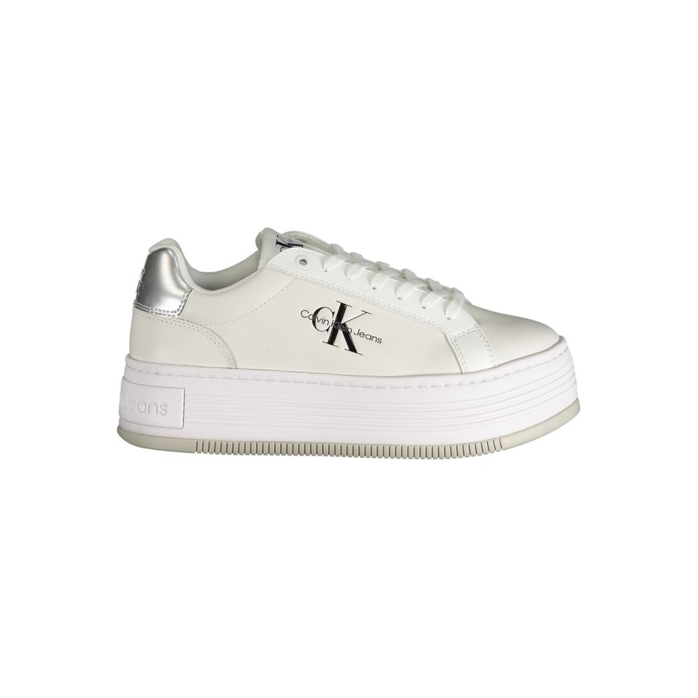 Calvin Klein White Polyester Sneaker with laces, 5 cm wedge, contrast details, and logo print, ideal sports footwear.