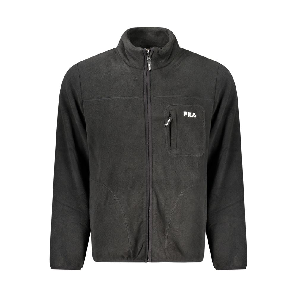 Fila Black Polyester Men Jacket with iconic embroidery logo, front zip, long sleeves, and pockets for urban style and comfort.