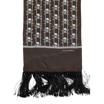 Dolce & Gabbana Brown Skulls Print Fringes Men Foulard Scarf