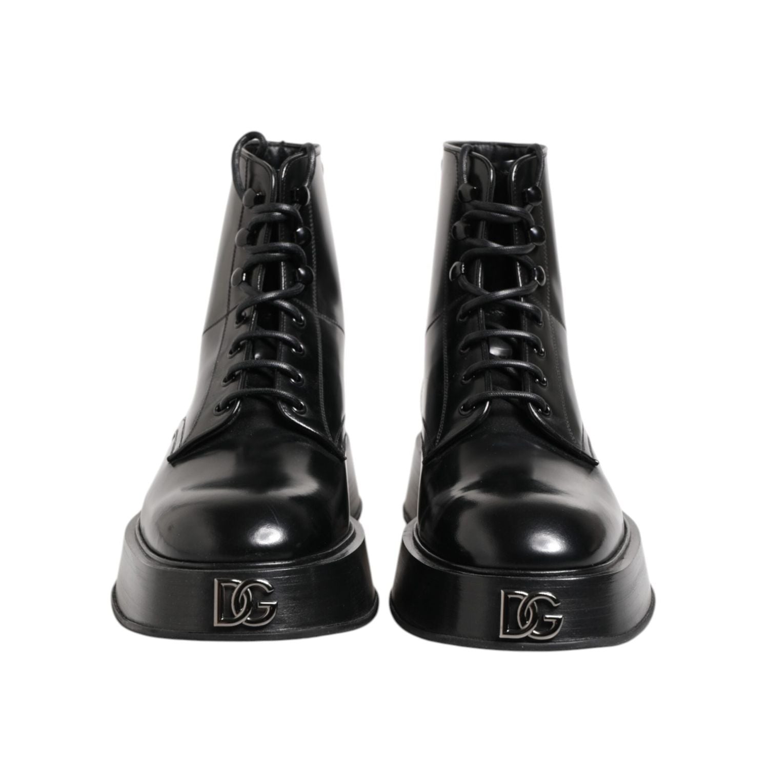 Dolce & Gabbana Black Leather Logo Ankle Boots Lace Up Shoes