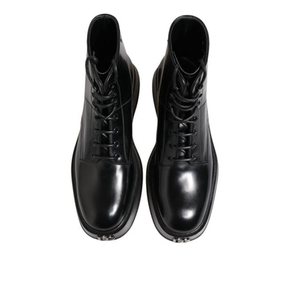 Dolce & Gabbana Black Leather Logo Ankle Boots Lace Up Shoes
