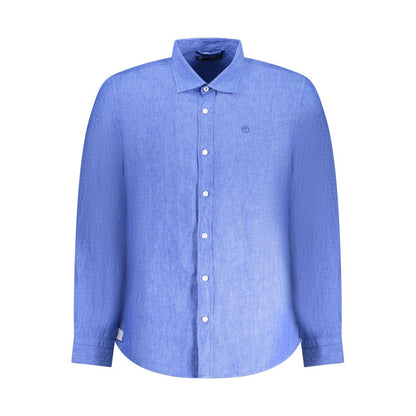 North Sails Blue Linen Shirt with long sleeves and Italian collar, featuring embroidery and logo, ocean positive design.