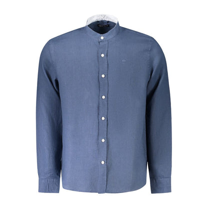 North Sails Blue Linen Shirt with long sleeves, Korean collar, and 1 button cuffs. Features embroidery and logo, part of Ocean Positive series.