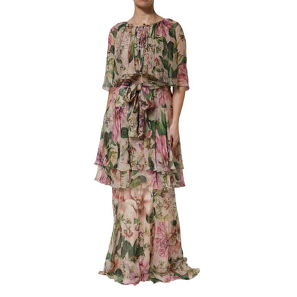 Dolce & Gabbana Pink Floral Print Tiered Long Maxi Dress