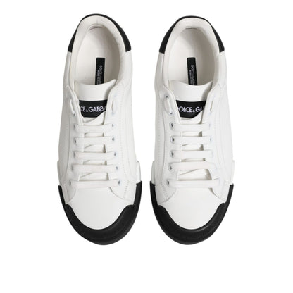 Dolce & Gabbana White Black Logo Leather Lace Up Sneakers Shoes