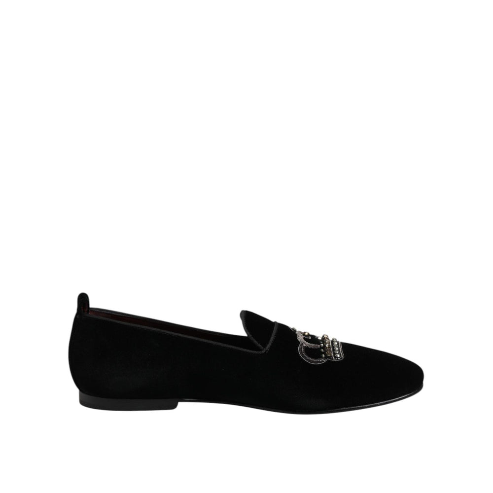 Dolce & Gabbana Black Velvet Crystal Crown Loafers Dress Shoes