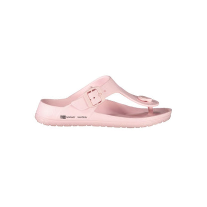 Norway 1963 Pink Plastic Women Sandal with adjustable buckle; ideal for summer wear, showcasing chic pink design and brand logo.