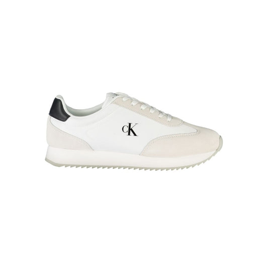 Calvin Klein White Leather Men Sneaker with black details and bold logo print for comfort and style in sports footwear.