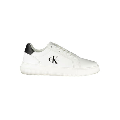 Calvin Klein White Leather Men Sneaker with black accents and logo detail, modern style footwear for men.