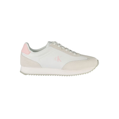 Calvin Klein White Leather Women Sneaker with pink accents and CK logo, stylish lace-up design, offering trendsetting athletic comfort.