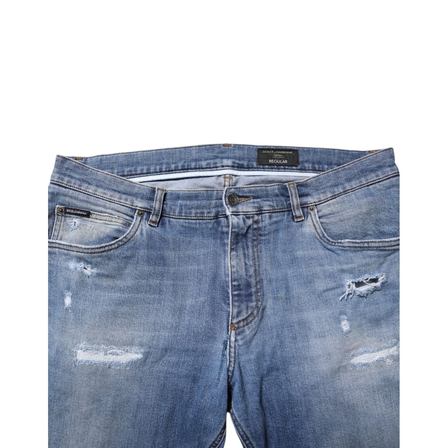 Dolce & Gabbana Blue Washed Tattered Logo Plaque Denim Jeans