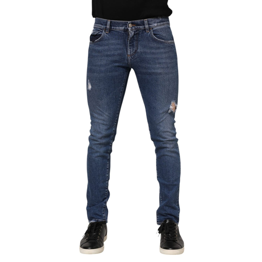 Dolce & Gabbana Blue Cotton Logo Plaque Skinny Men Denim Jeans