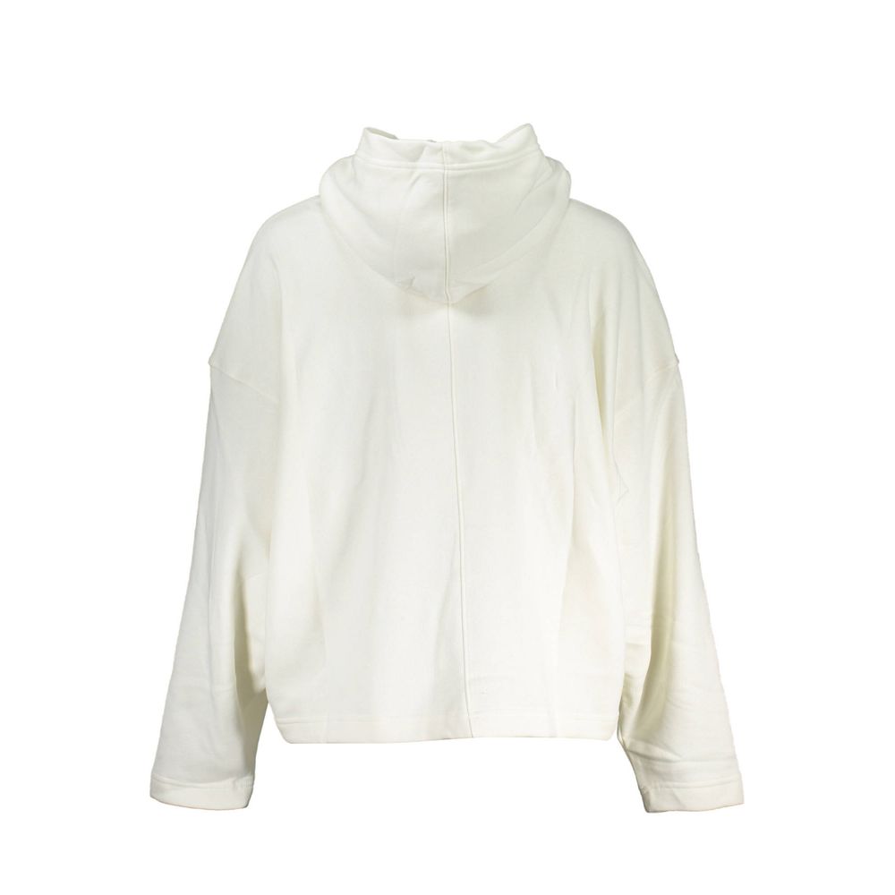 Calvin Klein White Cotton Women Sweater featuring a hoodie and bold logo embroidery on the back, crafted from cotton and polyester blend.