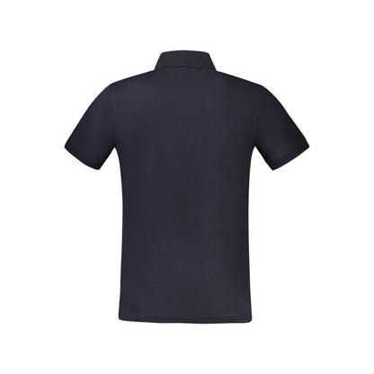 Hugo Boss Blue Cotton Polo Shirt, short sleeve, slim fit, back view showcasing 2 buttons, application, embroidery, and logo.