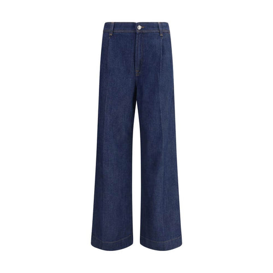 7FOR Blue Modal Jeans Denim featuring high waist, wide leg, pleated details, front button zipper closure, side and back welt pockets.