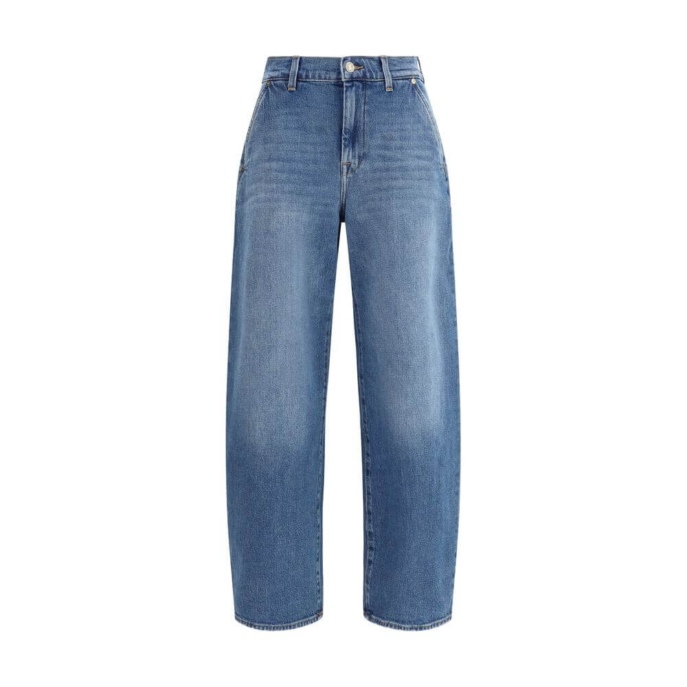 7FOR Light Blue Cotton Relaxed Fit Jeans with wide leg and five-pocket design, mid-rise for a comfortable and versatile style.