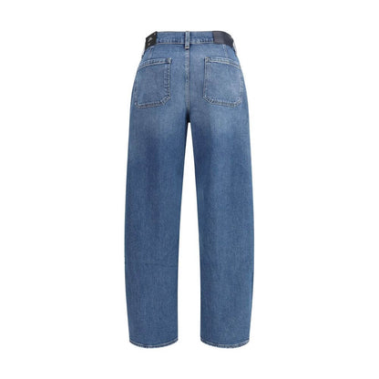 Back view of 7FOR Light Blue Cotton Relaxed Fit Jeans with wide-leg design and classic five-pocket style, featuring a zipper and button closure.