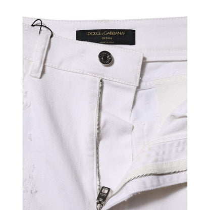 Dolce & Gabbana White Tattered Cotton High Waist Denim Jeans
