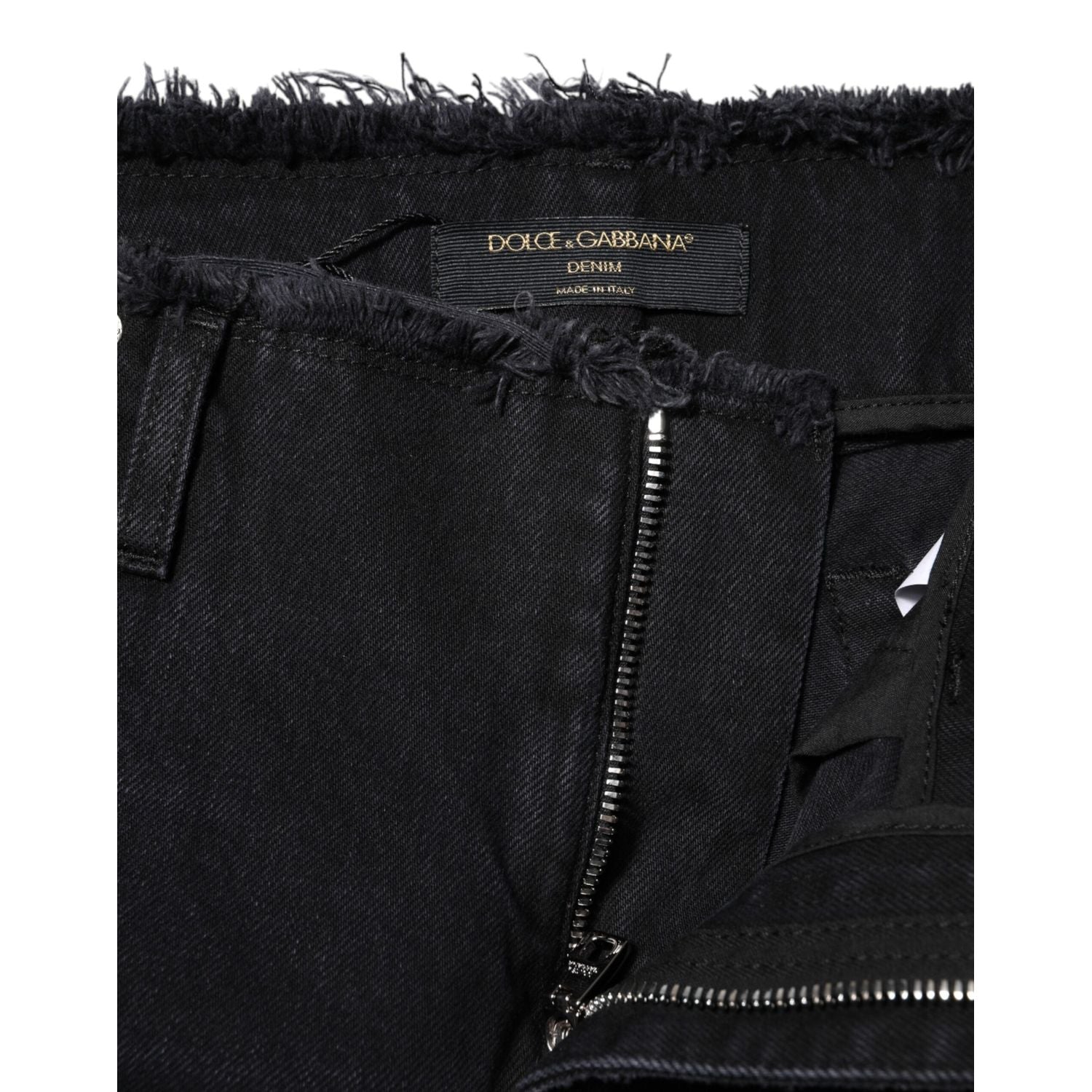 Dolce & Gabbana Black Cotton Tattered Mid Waist Denim Jeans