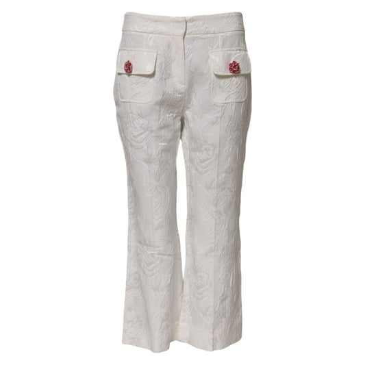 Dolce & Gabbana White Cotton Floral Jacquard Pants