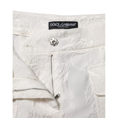 Dolce & Gabbana White Cotton Floral Jacquard Pants