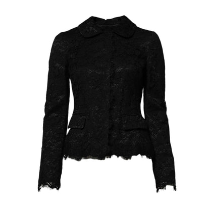 Dolce & Gabbana Black Floral Lace Cotton Collared Jacket