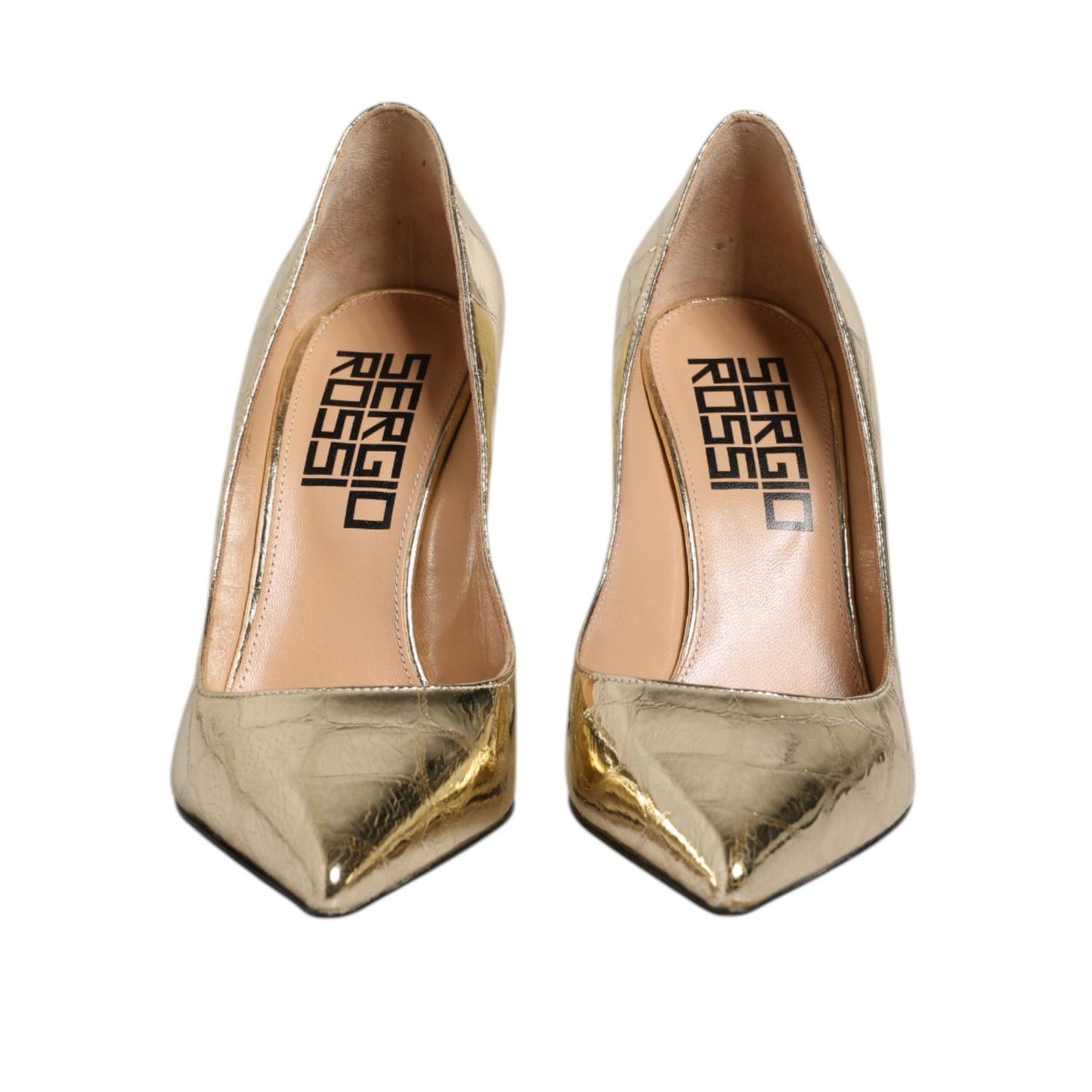 Sergio Rossi Gold Leather Pointed Toe Block Heels Shoes